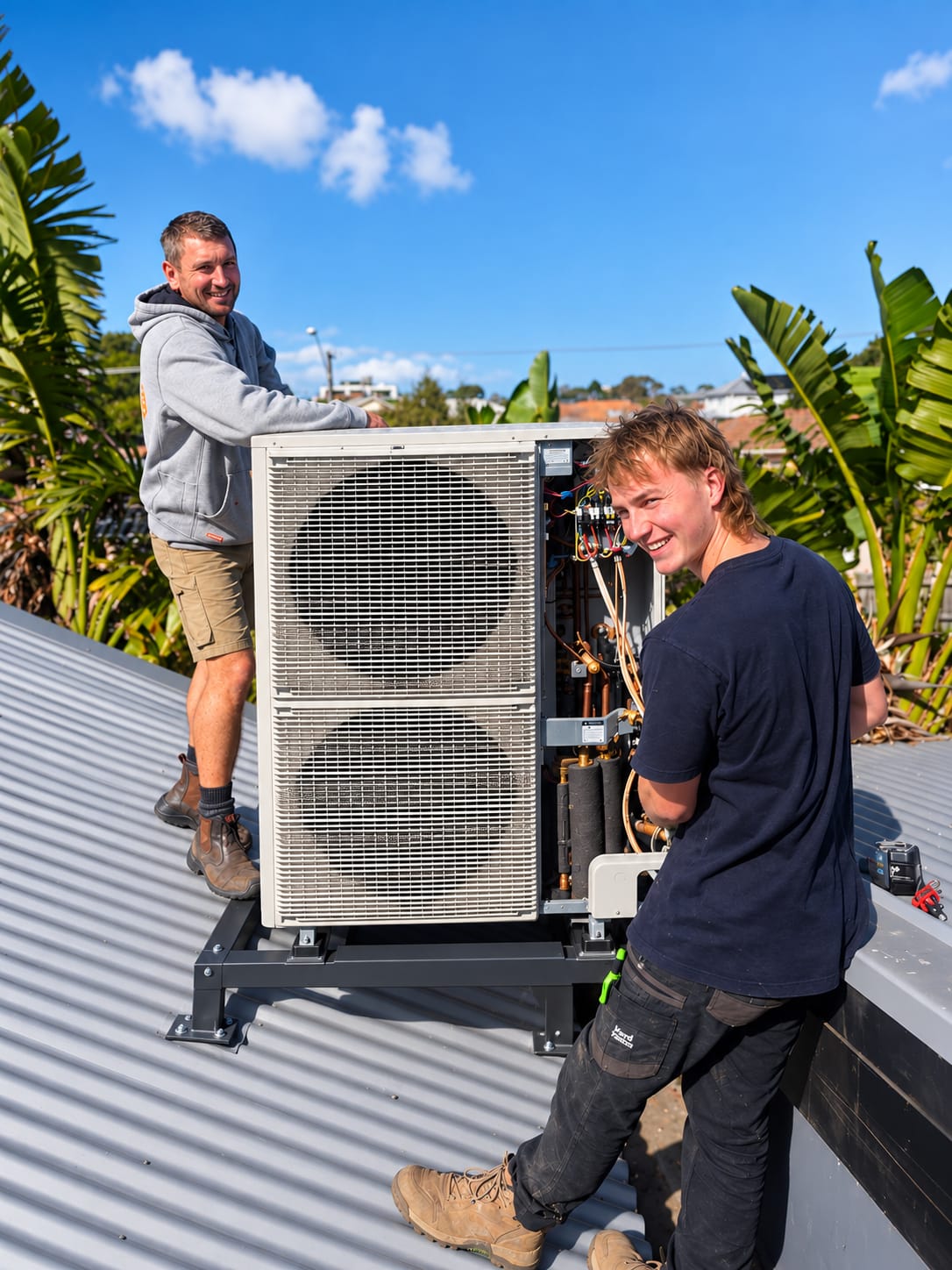 Jesse and his apprentice on a tin roof beside a large outdoor unit