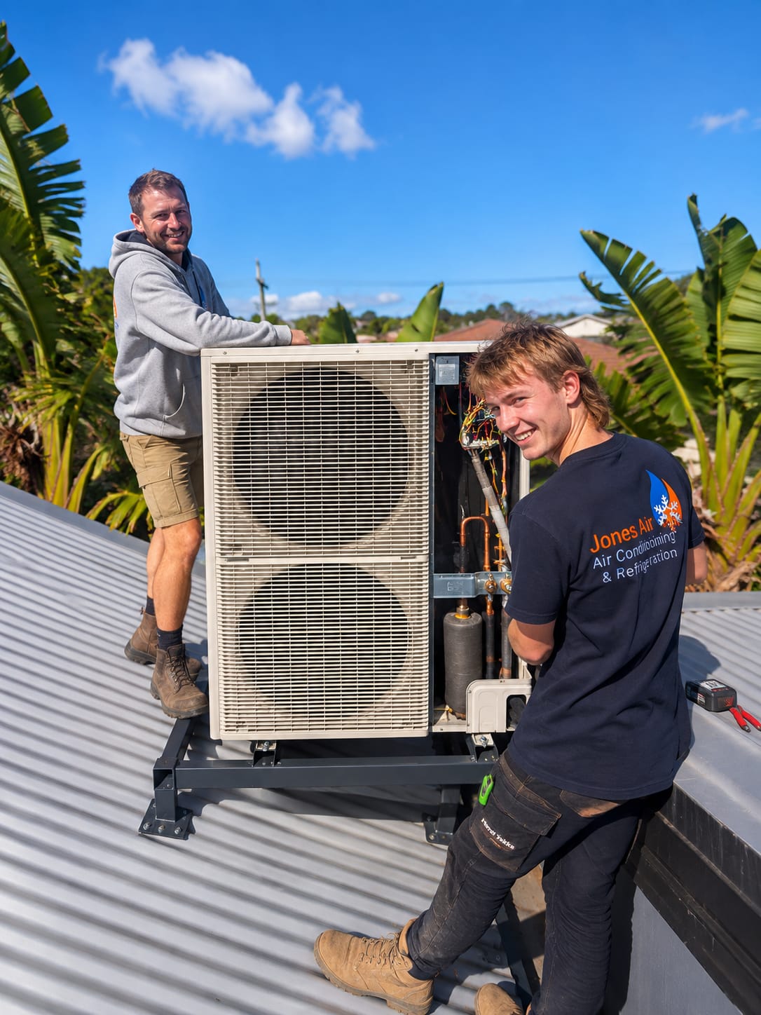Jesse and his apprentice on a tin roof beside a large outdoor unit